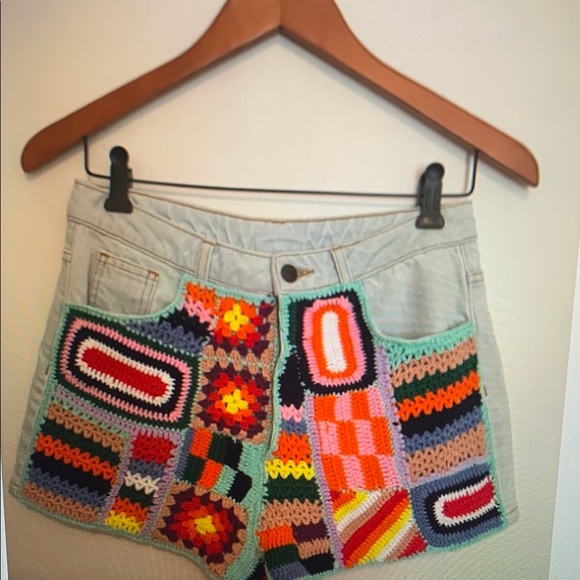 Multicolor Crochet Patchwork Jean Shorts - Picture 1 of 3